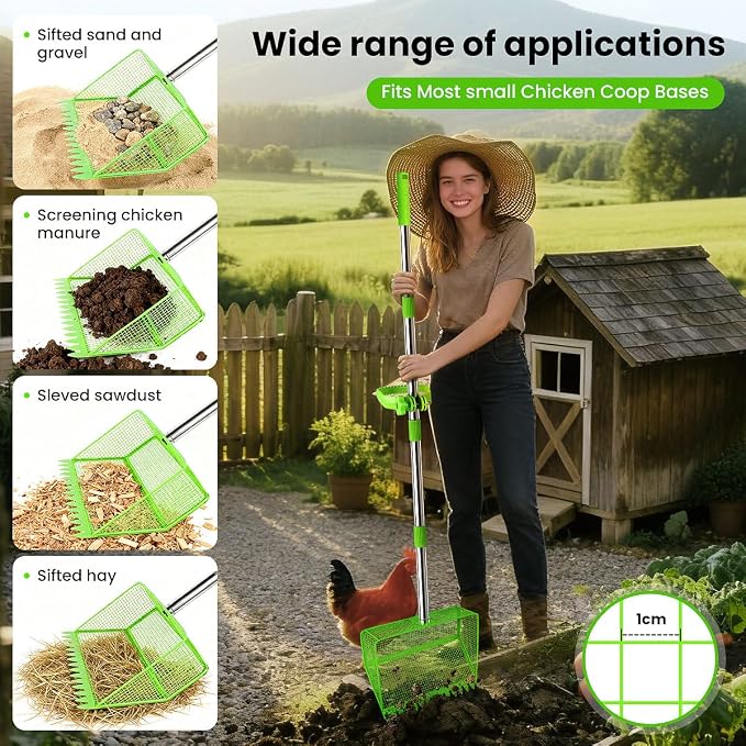 2026 Upgraded 2-in-1 Chicken Poop Scooper & Rake with Handle, 12inch Heavy-Duty Metal Chicken Coop Scoop for Sand Sifting Shovel Litter Scooper for Farm House Chicken Coop Cleaning Tools Accessories