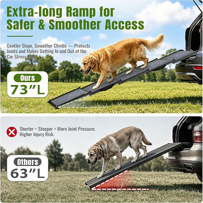 Dog Ramp for Car 73" Extra Long, Telescoping & Aluminum Dog Steps | 73" L x 17" W, Portable, Folding, for Large/Medium/Small Dogs, Aluminum Frame & Lightweight, Non-Slip Surface, Up to 250LBS