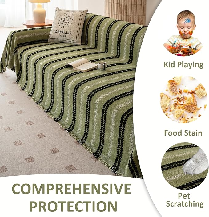 VClife Chenille Sofa Cover Bohemian Striped Pattern Couch Cover for 3 Cushion Sofa - Sage Green Black Textured Sofa Slipcover Washable Furniture Protector for Couch Decorative Couch Cushion Cover