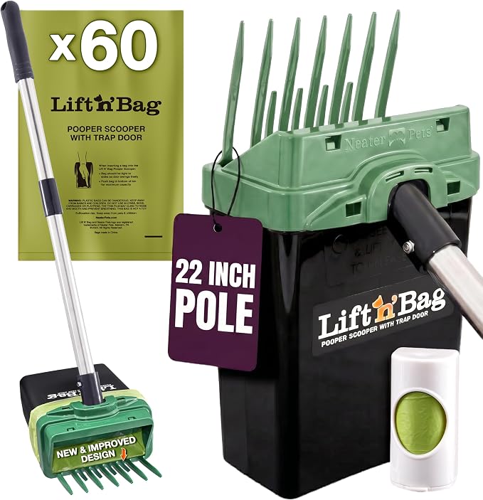 Neater Pet Brands Lift N’ Bag 2.0 Dog Pooper Scooper with Bag Attachment & 22" Pole for Small to Large Dogs, New & Improved Design, 60 Refill Bags, Heavy Duty Dog Poop Scooper for Yard, One-Hand Use