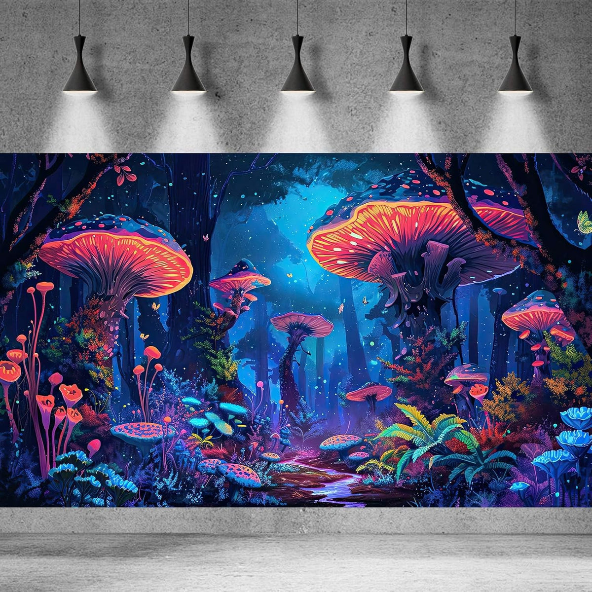 Mushrooms Aquarium Background Fantasy Bright Flowers Butterflies Fish Tank Backdrop Decoration Poster Trippy Wonderland Landscape with Giant Mystical Mushrooms Terrarium Background Decor 48x24in