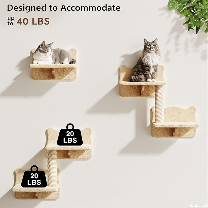 16-in-1 Cat Wall Shelves, Cat Furniture w/Tunnel & Bridge, Beige | Wall Mounted Cats Shelf Set with Plush Fabric, Cat Climbing Wall Systems for 16 Inch Drywall, with Scratching Posts, Condos