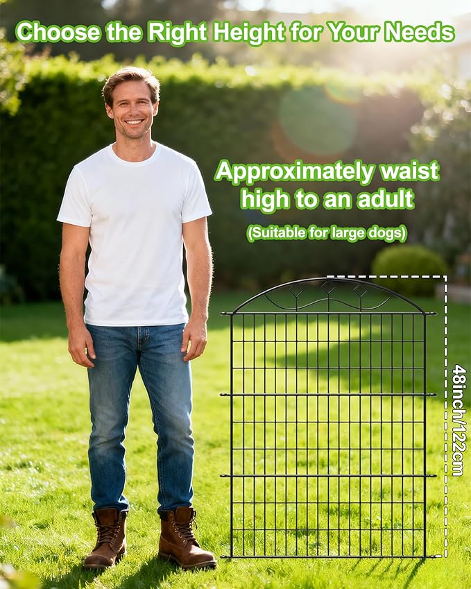 48in Extra Tall Garden Fence, 10-Panel Metal Animal Barrier, 24ft Long No Dig Temporary Fencing for Yard, Reusable Defense for Big Dogs & Privacy