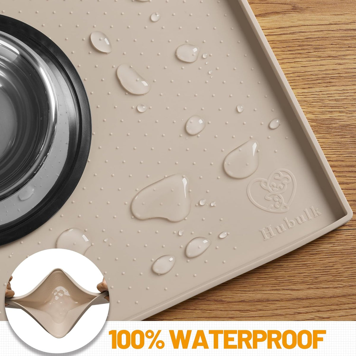 Hubulk Dog Feeding Mat,100% Waterproof Food Grade Silicone Pet Food and Water Bowl Placemat,Dishwasher, High Raised Edge to Prevent Spills,Nonslip Tray to Stop Messes on Floor（19"x12"x0.5", Taupe）