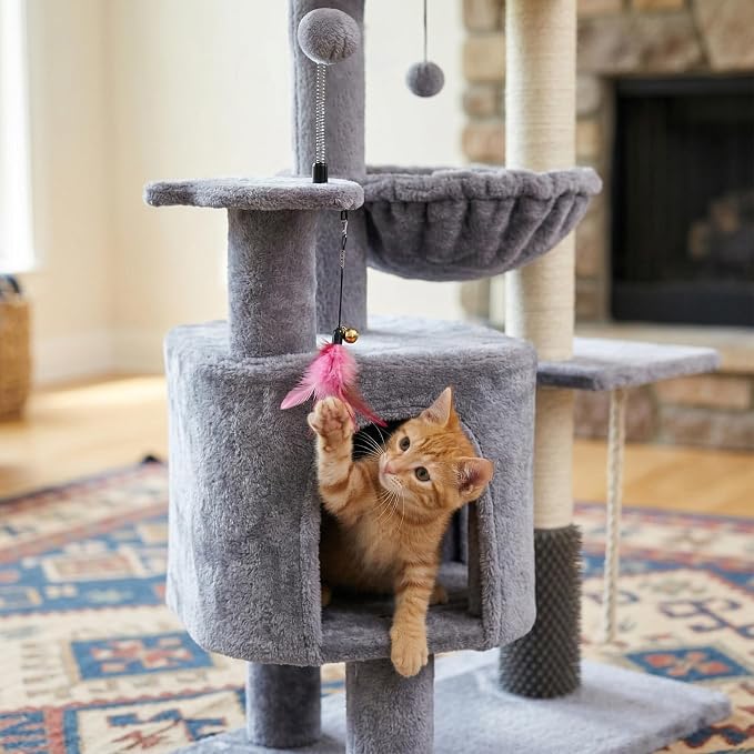 Cat Tree for Indoor Cat, with Cat Condo and Hammock, Grey | Cat Tree with Self-Grooming Brush and Toy Balls,Cat Tower with Scratching Posts