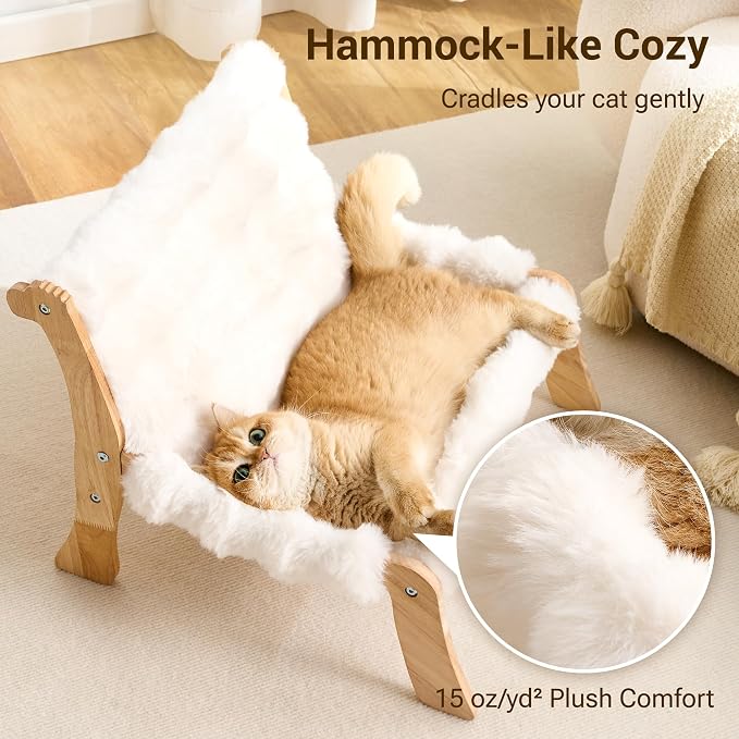 Solid Wood Cat Couch Bed for Indoor Cats, Modern Cat Sofa with Ultra-Soft Plush Surface Washable, Reclined Backrest, Elevated Elevated Cat Lounge Furniture for Small to Adult Pets, Ivory White