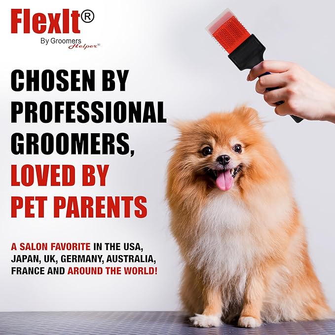 FlexIt Flexible Slicker Brush for Dogs - Professional 3-in-1 System & Video Trainings - Dual-Sided Dematting, Undercoating & Finishing Dog Grooming Brush by Groomers Helper (Single, Soft Flex)