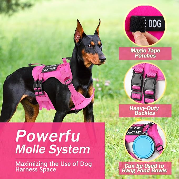 No Pull Tactical Dog Harness for Large Dogs, Service Dog Vest, L, Pink | Tactical Dog Vest Harness and Leash Set, Adjustable Military Service Dog Harness with Handle for Medium Large Dogs