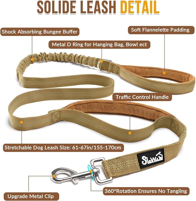 SlowTon No Pull Dog Harness with Front Clip - Heavy Duty, Soft Padded | Neck & Chest Adjustable, Tactical Pet Vest and Leash Set for Large Medium Sized Dogs, for Easy Walk & Training, Tan L