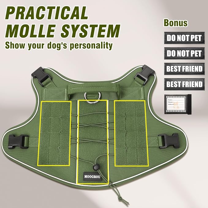 Tactical Dog Harness Medium Sized Dog,No Pull Military Dog Vest with Handle&Molle,Reflective Heavy Duty Pet Harness for K9 Working Walking Hiking Training Green M