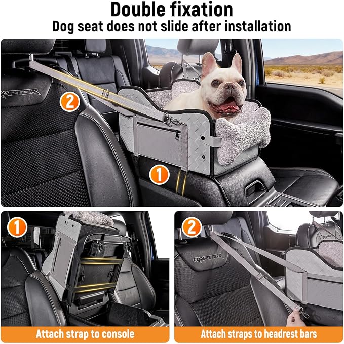 TKYZ Center Console Dog Car Seat for Small Dogs,Fit for Full Size Truck | Soft Pillow,Double fixation,PU Leather Easy To Clean,Pet Booster with Safety Belt,Puppy Car Seat for Small Dogs 0-30 lbs