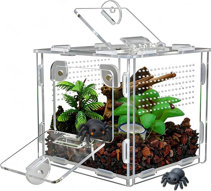 Jumping Spider Enclosure, Small Reptile Terrarium for Tarantula Hermit Crab Praying Mantis, Acrylic Insect Habitat with Magnetic Front & Top Opening (4.52" x 4.52" x 4.52")
