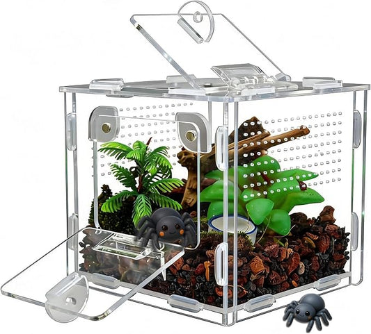 Jumping Spider Enclosure, Small Reptile Terrarium for Tarantula Hermit Crab Praying Mantis, Acrylic Insect Habitat with Magnetic Front & Top Opening (4.52" x 4.52" x 4.52")