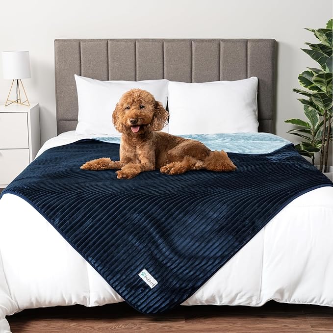 PetAmi Waterproof Dog Blanket, Leakproof Pet Blanket for Small Medium Large Dogs, Reversible Furniture Bed Sofa Couch Cover Protector, Plush Striped Pet Throw for Indoor Cat, 40x60 in, Navy Blue