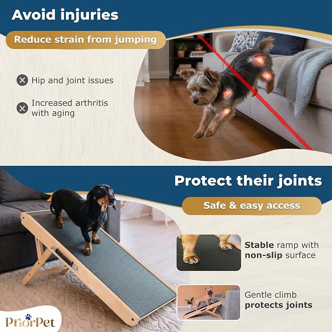 Dog Ramp for Couch – Non-Slip, Sturdy Build Foldable Wooden Dog Ramp – Supports up to 200 lbs – 7 Adjustable Heights (14"–20.5") – Enhanced Stability – Birchwood Pet Ramp for Small Dogs – Natural