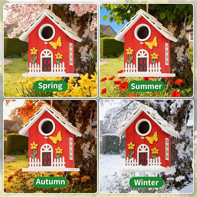 Wooden Bird Houses Bird House for Outside,Red Wood Bird House for Outdoors, Nesting Box with Sturdy Rope, Haing Bird Houses for Garden Blue Bird Hummingbird Wren Cardinal Swallow Sparrow Finch