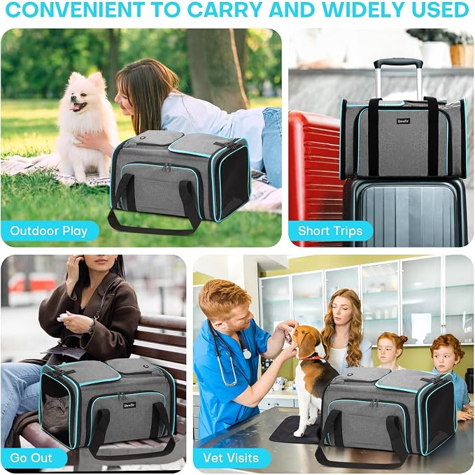 Pet Carrier, Large Soft Sided Expandable Travel Carrier with Steel Frame, Anti-Scratch Mesh, Removable Fleece Pad and Pockets for Cats, Dogs and Small Animals up to 15 lbs (Gray, 4 Sides Expandable)