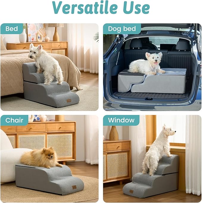 Detachable Curved Dog Stairs 19.7" H, 4 Step Small Dog Step for Puppy or Older Cat, Ramp for Bed, Sofa, Couch or Chair, Ladder with High Density Foam, 15.7x28.3x19.7 inch, Grey