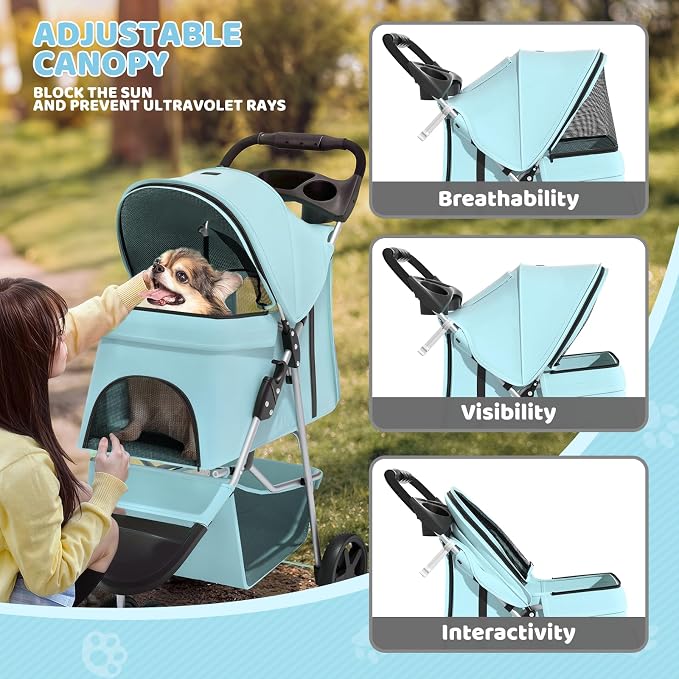 Magshion 3-Wheel Pet Stroller, Foldable Travel Jogger for Small & Medium Dogs & Cats (Up to 33lbs), Lightweight Carrier with Breathable Mesh Cover, Cup Holder & Storage Basket, Mint Green