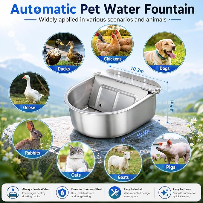 BWOGUE Automatic Water Dispenser for Dogs,1Gal Outdoor Automatic Water Bowl | Outdoor Dog Water Dispenser with Float Valve, Stainless Steel Bowl, 1/2 in & 3/4 in Faucet Fit, Wall/Ground Use,Dogs,Chickens