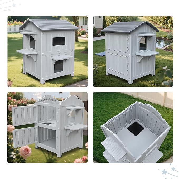 Outdoor Cat House 2 Story HDPE Weatherproof for Feral Cat, Grey with Mat | 21.5" D x 21" W x 34" H, Plastic Elevated Insulated Cat Shelter with Escape Door, Easy Clean & Assemble, Expansive Interior‌