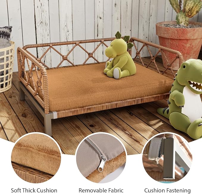 Indoor & Outdoor Dog Bed, Elevated All-Weather Wicker Pet Sofa with Washable Waterproof Cushion, Durable Rattan Dog Couch for Small Dogs, Brown