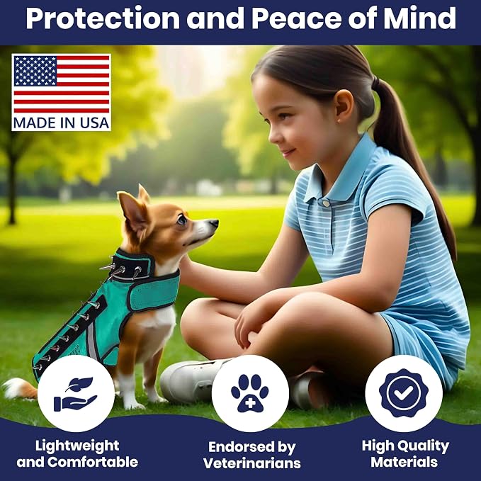 CoyoteVest SpikeVest Dog Harness, Made in the USA, XS-Turquoise | Stab-Resistant Protective Vest | Coyote Vest for Dogs | Defends Against Coyotes, Dogs, Birds of Prey | Reflective Safety