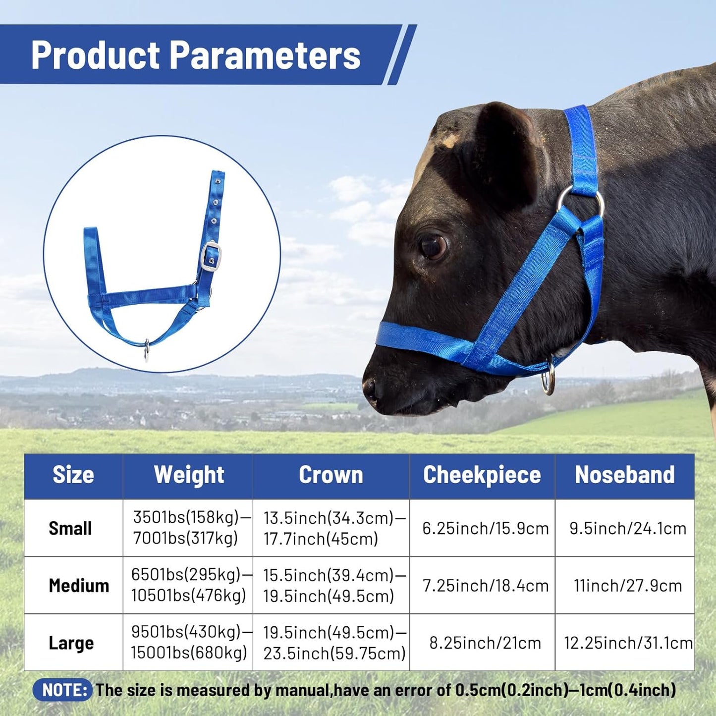 XUANNIAO Easily Adjustable Figure 8 Cow Halter, Double-Ply Premium Livestock Cattle Halters, Colorful Cow Utility Calf Halter with Leading Rope for Miniature Horse Donkey Goat Foal (Medium, Blue)