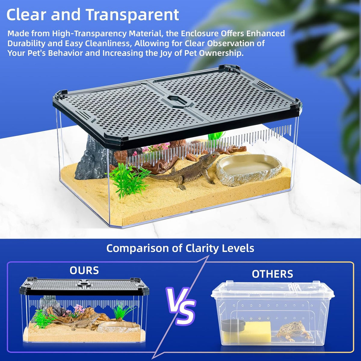 High-Transparency Reptile & Insect Enclosure Terrarium with Magnetic Door, Excellent Ventilation, Easy Cleaning, and Strong, Long-Lasting Build for Gecko, Tarantula, Hermit Crab (12x8.1x5.3 Inch)