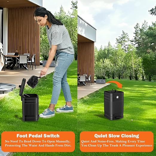 Dog Poop Trash Can Outside - 5L/1.3Gal Small Trash Can with Lid, Black | Outdoor Dog Poop Trash Can with 40 Bags, Pedal, Removable Inner Bin, Metal Dog Waste Trash Can with Soft Close, Odor Control