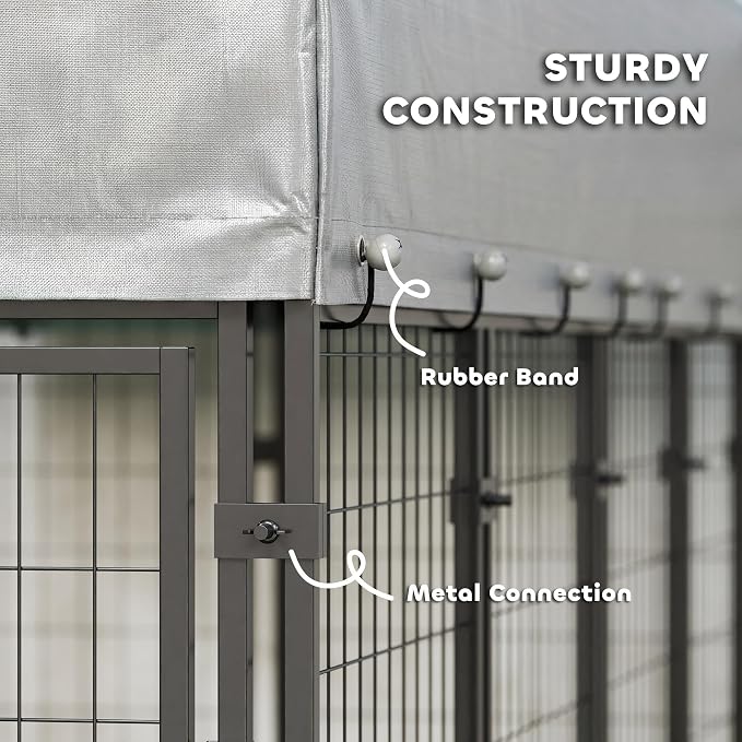 PawHut 8' x 4' x 6' Dog Kennel Outside Welded Wire for Large Breeds Silver | Outdoor Dog Kennel Run, 360° Rotating Bowls, Waterproof & UV Resistant Cover, for Chickens, Ducks