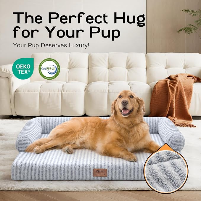 Orthopedic XL Dog Bed with Bolster for Extra Large Size Dogs | Pillow Support for Neck Relief, Egg Crate Foam, Skin-Friendly Surface, Waterproof Liner, Anti-Slip Bottom, 42 x 30 Inch