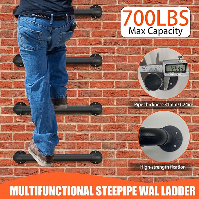 Wall Mounted Ladder, 1 Rung Steel Step - 6 Pack for Emergency Escape & Loft Access | 700LB Capacity, All-Weather Black Finish, with Expansion Bolts for Indoor/Outdoor