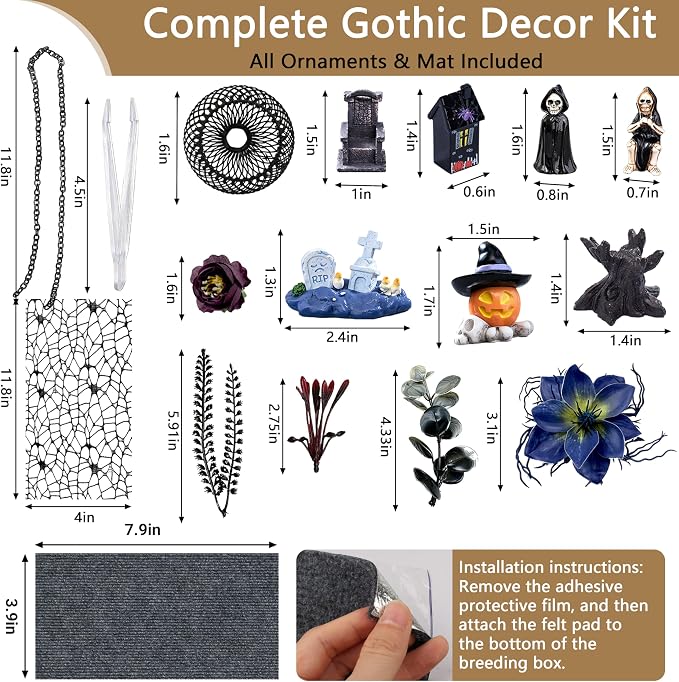 Acrylic Jumping Spider Enclosure Kit 16PCS with Decor | 19-pc gothic decor with dark plants, chain, hideout, for mantis & tarantula