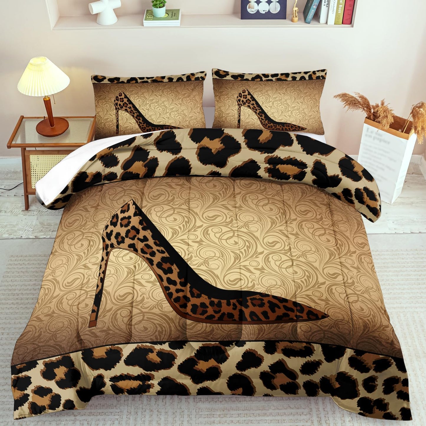 Leopard Comforter Set Queen Girls,Sexy High Heel Comforter for Women,Leopard Print Bedding Set Queen Adult,High Heel Quilt Bedroom Decor,African Animal Print Bedding Quilt