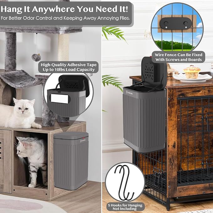 PAWZIDEA 2.1 Gallon Wall Mount Dog Poop Trash Can Outside Odor Control, Outdoor Small Metal Dog Proof Waste Station with Lid & Activated Carbon, Weatherproof Pet Poop Bin Hang Fence, Backyard, Garbage