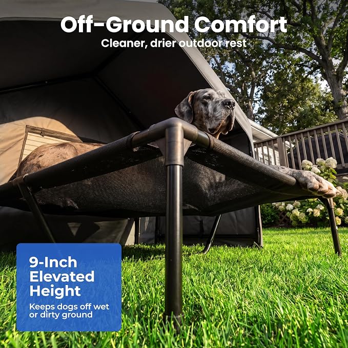 Zooba Extra Large Dog Shade with Elevated Bed, Outdoor Dog House Waterproof | 4’×4’×3.3’ Dog Shelter with Canopy, Dog Tent for Outside, 2-in-1 Separate Design, Grey
