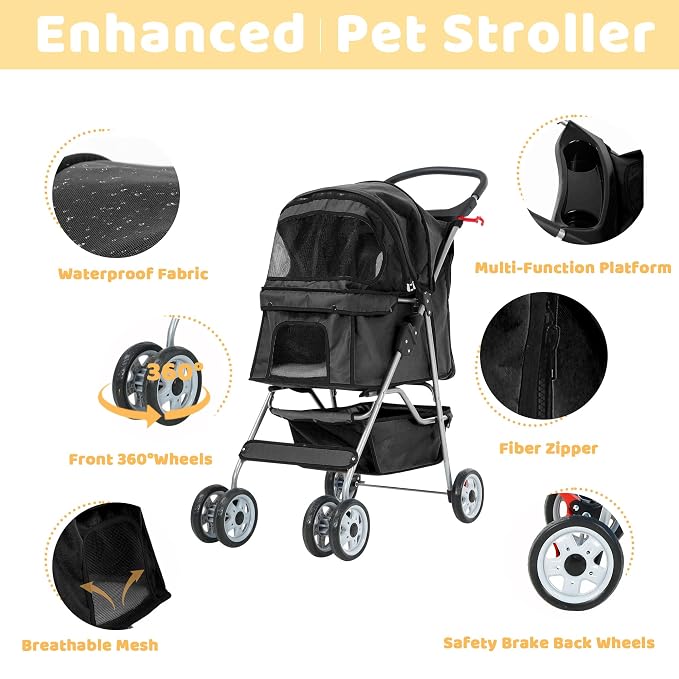 Pet Stroller for Small Medium Dogs & Cats, 4-Wheel Breathable Compact Foldable Dog Carrier with Storage Basket, Outdoor Portable Lightweight Travel Stroller for Camping,Black