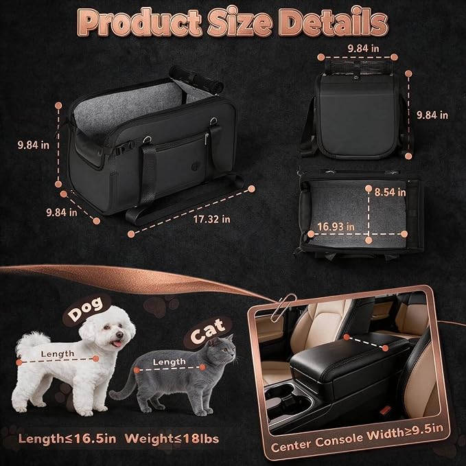 YUDODO Large Dog Car Seat for Center Console 10-18lbs, PU Booster Bed | Portable Puppy Cat Seat, Waterproof, Wipe Clean, Safe & Durable, Side Pockets, for Truck & SUV-Width>9.5in, Anti-Slip, Black