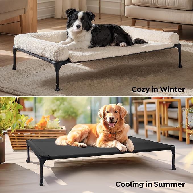 Veehoo Orthopedic Elevated Dog Bed Add Removable Deluxe Rose Plush Bolster Cushion Mat, 41" x 27" Washable Dog Couch Bed, Raised Pet Cot with Breathable Teslin Mesh, No-Slip Feet, White, CWC2439B