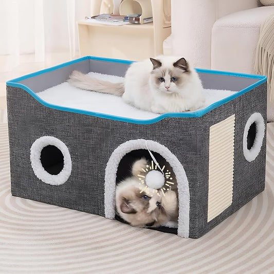 Loyareal Cat Houses for Indoor Cats - Large Cat Bed Cave with Scratch Pad and Fluffy Ball, Foldable Cat Condo Hideaway with Reversible Cushion for Multi Small Pet, Light Grey