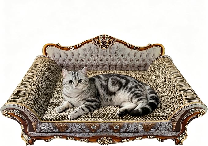 Luxury Cardboard Cat Scratcher Sofa Bed, Couch Shaped Cat Scratching Board, Scratch Lounge with Catnip, Scratcher for Indoor Cats Kittens Kitties Grey