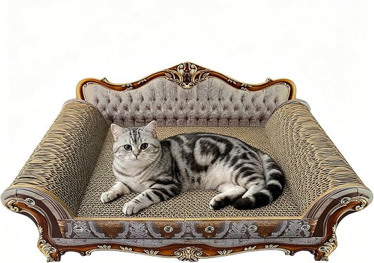 Luxury Cardboard Cat Scratcher Sofa Bed, Couch Shaped Cat Scratching Board, Scratch Lounge with Catnip, Scratcher for Indoor Cats Kittens Kitties Grey