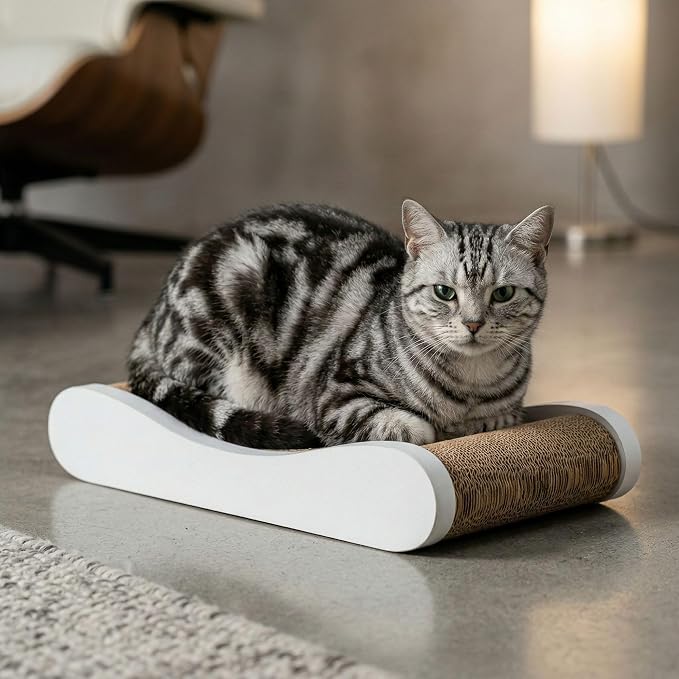 Claw Surfer Cat Bed - Cat Scratcher Bed & Lounge – Heavy Duty High-Density Cardboard, Lasts 5X Longer. Modern Curved Scratching Pad with 20mm White Frame. Non-Toxic, No Mess, White