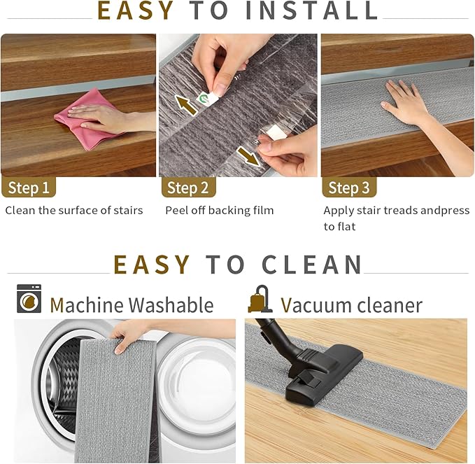 Stair Treads Non Slip for Wooden Steps Indoor 4 Pack 8" X 30" Carpet Stairs Runner for Wood Stairs, Stair Tread Rugs with Reusable Adhesive for Dogs Kids Elders, Machine Washable, Light Grey
