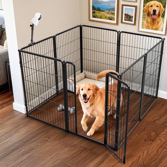 FXW Homeplus Indoor Dog Playpen with Camera Mount, 40" H, 8 Panels | Calm Indoor Play Area, Wider Viewing Angles with Stable Support, for Medium & Large Dogs, Patented