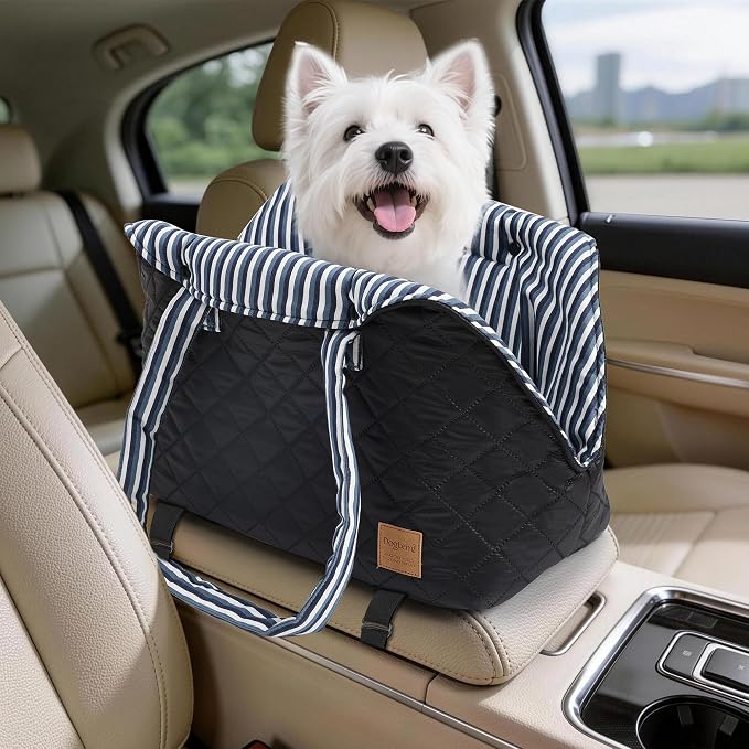 Small Dogs Under 12 lbs Adjustable Portable Center Console Car Seat, Built-in Bubble wrap, Fits Most Cars & SUVs with Convenient Handbag Functionality, Stylish Travel Pet Bag (Black)
