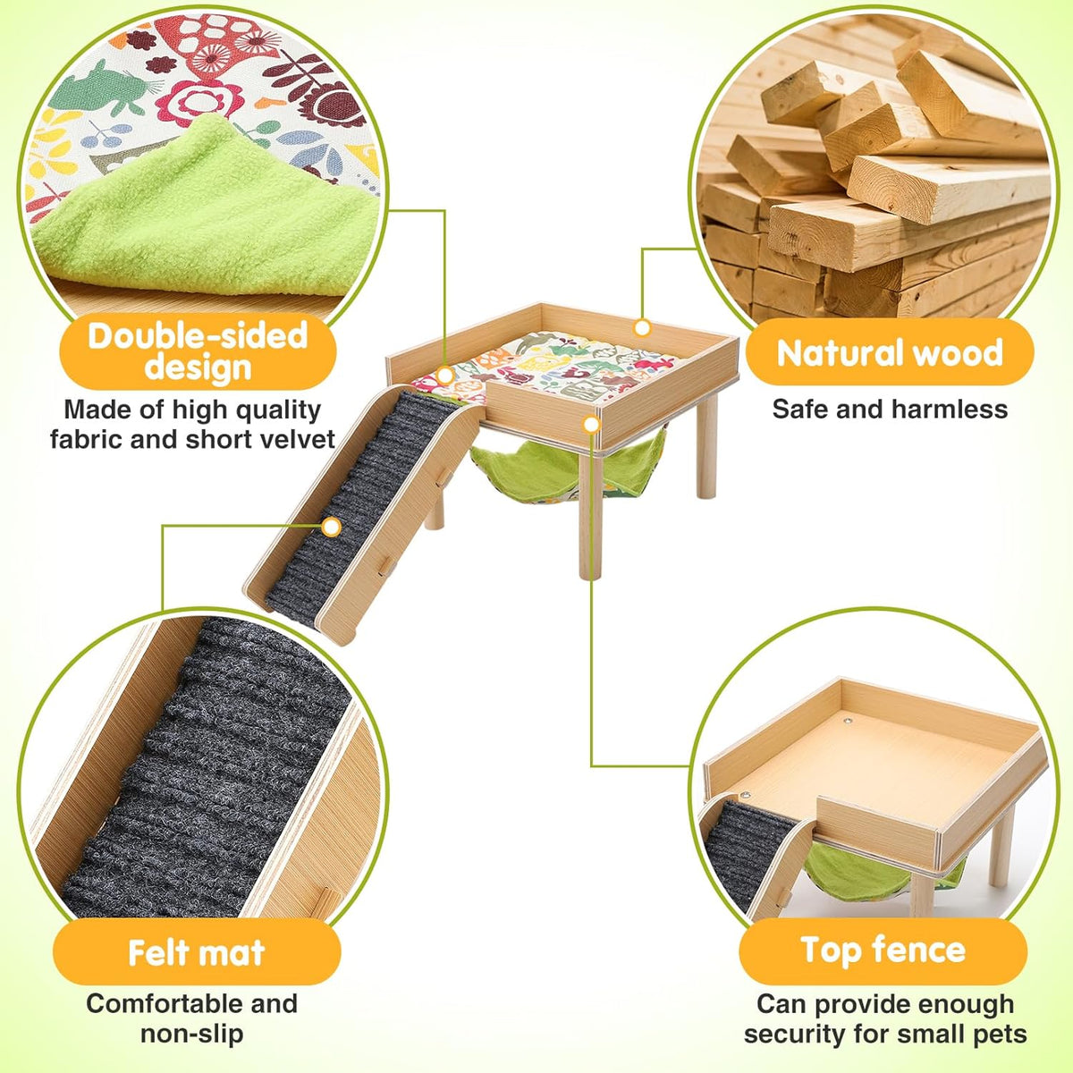 Guinea Pigs Hammock with Platform, Safe Wooden Guinea Pig Hideout with Stairs, Durable Small Pet Bed for Piggies Chinchilla Rat Hamster Bunny (Single Hammock)