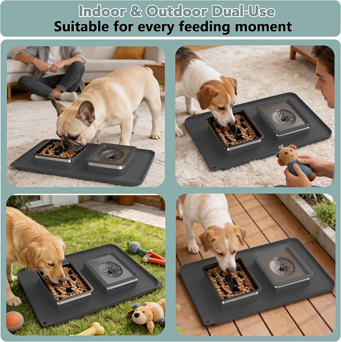 Dog Bowl Set, No Spill Dog Water and Food Bowl with Slow Feeder | Large Capacity 304 Stainless Steel Bowls, 3-In-1 Set, Slow Drinking, Anti-Slip Mat, Easy to Clean, Home/Travel, 6-7 Cups