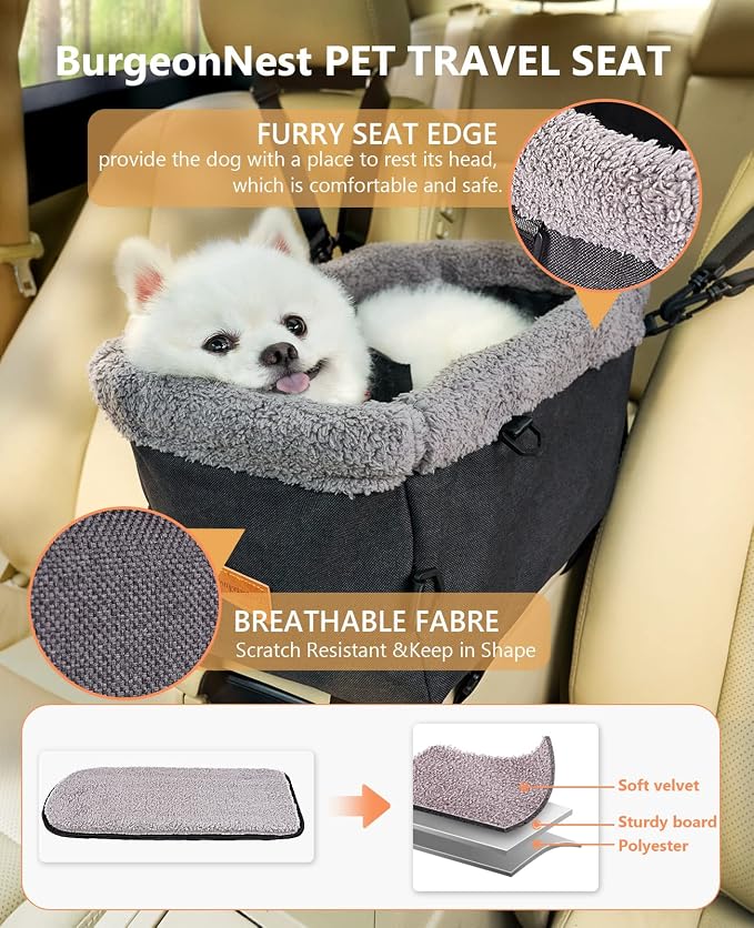BurgeonNest Center Console Dog Car Seat for Small Dogs up to 9 lbs, Grey
